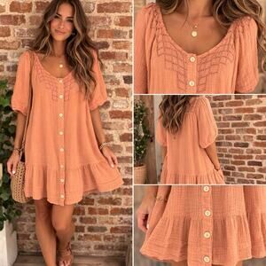 Easel Gauze Button Up Dress Rust Sz M Puff Sleeve Boho Peasant Spring Easter EUC